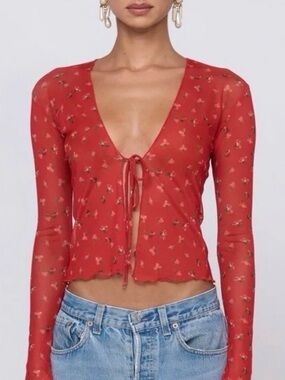RESA Red Floral Tie-Front Long-Sleeve Aliyah Mesh Top in Cayanne